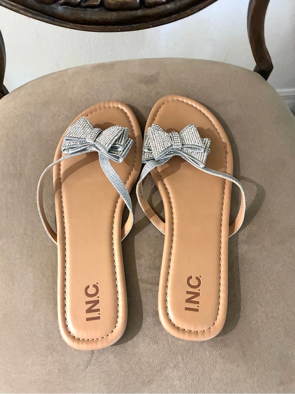 INC International Concepts Silver Bow Thong Sandals